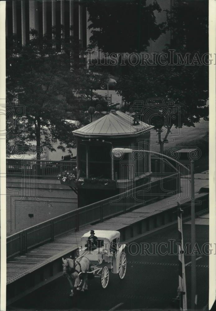 1987 Press Photo Horse-drawn carriage near Milwaukee Performing Arts Center - Historic Images