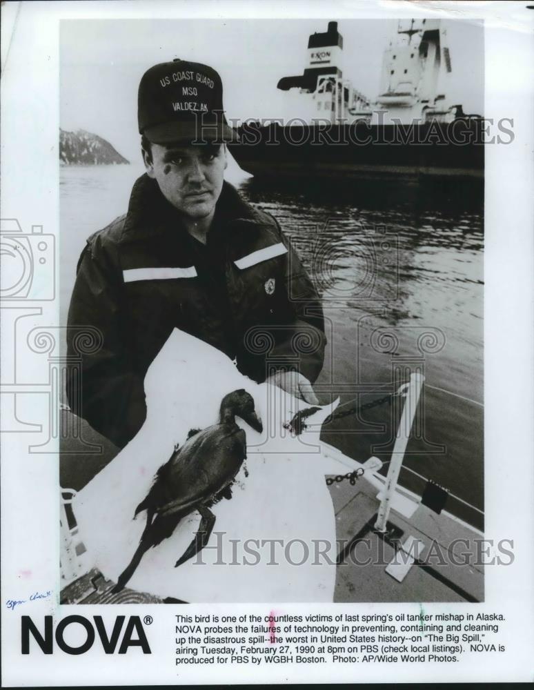 1990 Press Photo Bird That Was Caught In The Exxon Valdez Oil Spill In Alaska - Historic Images