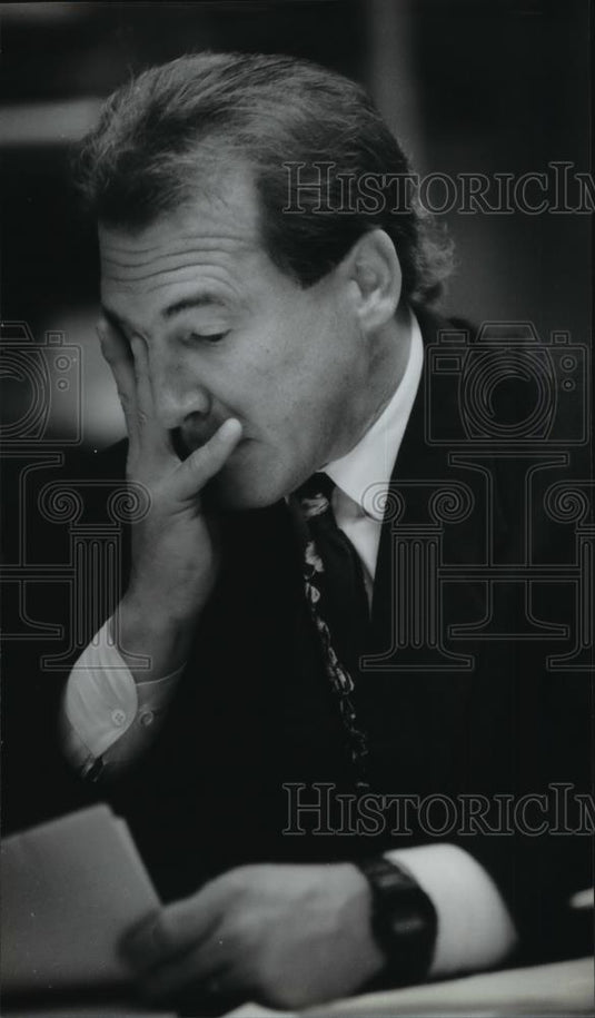 1994 Press Photo Thomas Defke listens to testimony before his sentencing - Historic Images