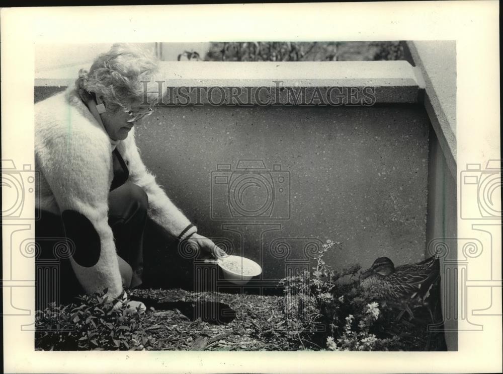 1987 Press Photo Josephine Eisenmann Feeds Duck at San Camillo Retirement Home - Historic Images