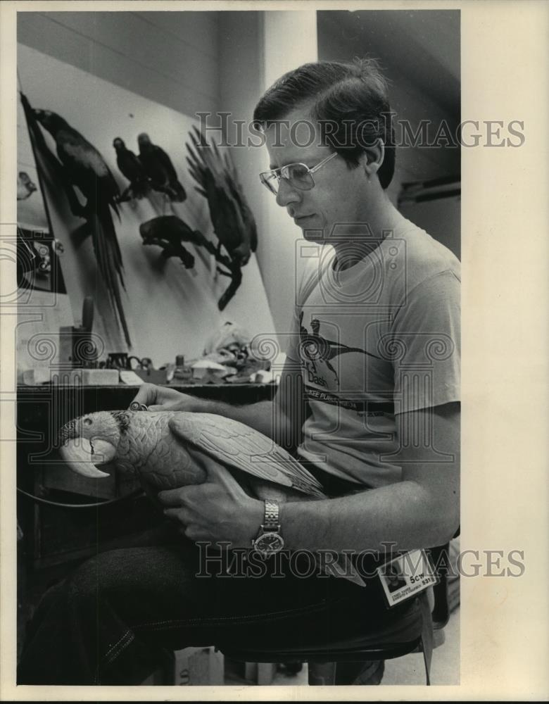 1986 Press Photo Craig Yanek Etches Texture Into Wooden Scarlet Macaw Model - Historic Images