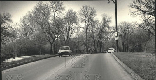 1987 Press Photo Milwaukee, Estabrook Park, railroad crossing above the hill. - Historic Images