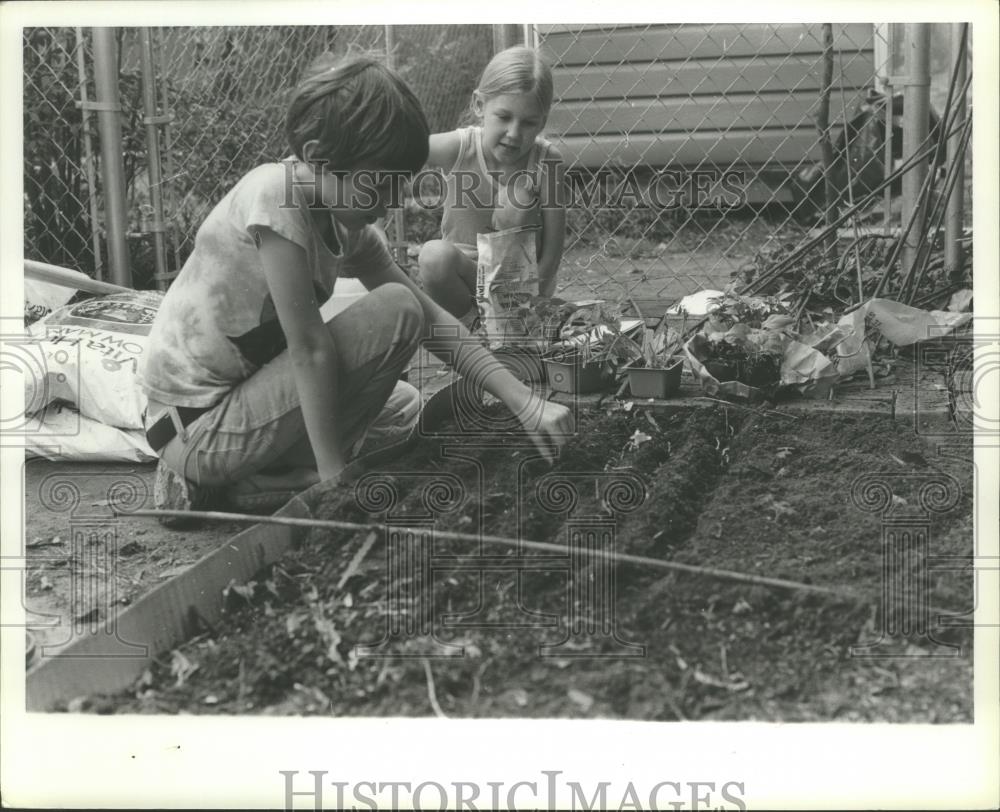 1980 Press Photo Children plant seeds in their little home garden. - abna10363 - Historic Images