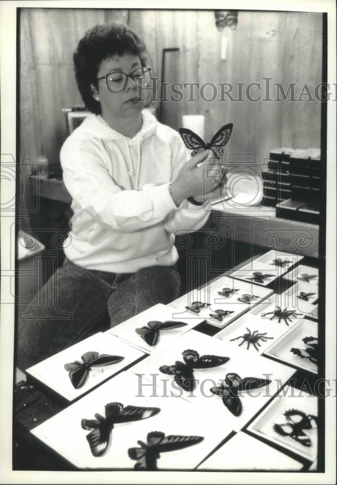 1992 Press Photo Sandra Schmitt holds a green birdwing butterfly from Asia - Historic Images