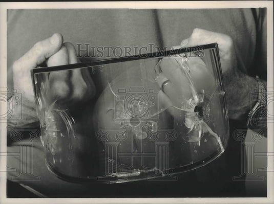 1988 Press Photo Bulletproof face visor shot with three bullets New Berlin - Historic Images