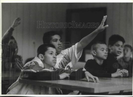 1993 Press Photo Hispanic boys at Nativity Jesuit Middle School - mjb71196 - Historic Images