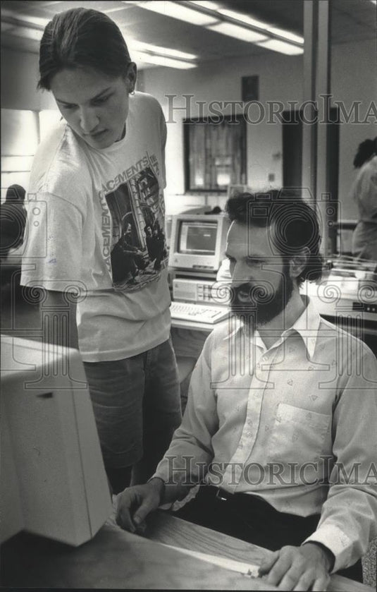 1990 Press Photo Biran Lietz and Peter Holzberger, computer class, Nicolet HS - Historic Images