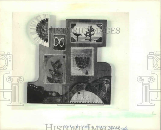 1986 Press Photo Metal collage by Joseph Hlaveck at Wustum Museum Racine - Historic Images