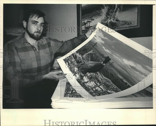 1986 Press Photo Wisconsin Artist Rick Kelley sells art prints to support farms - Historic Images