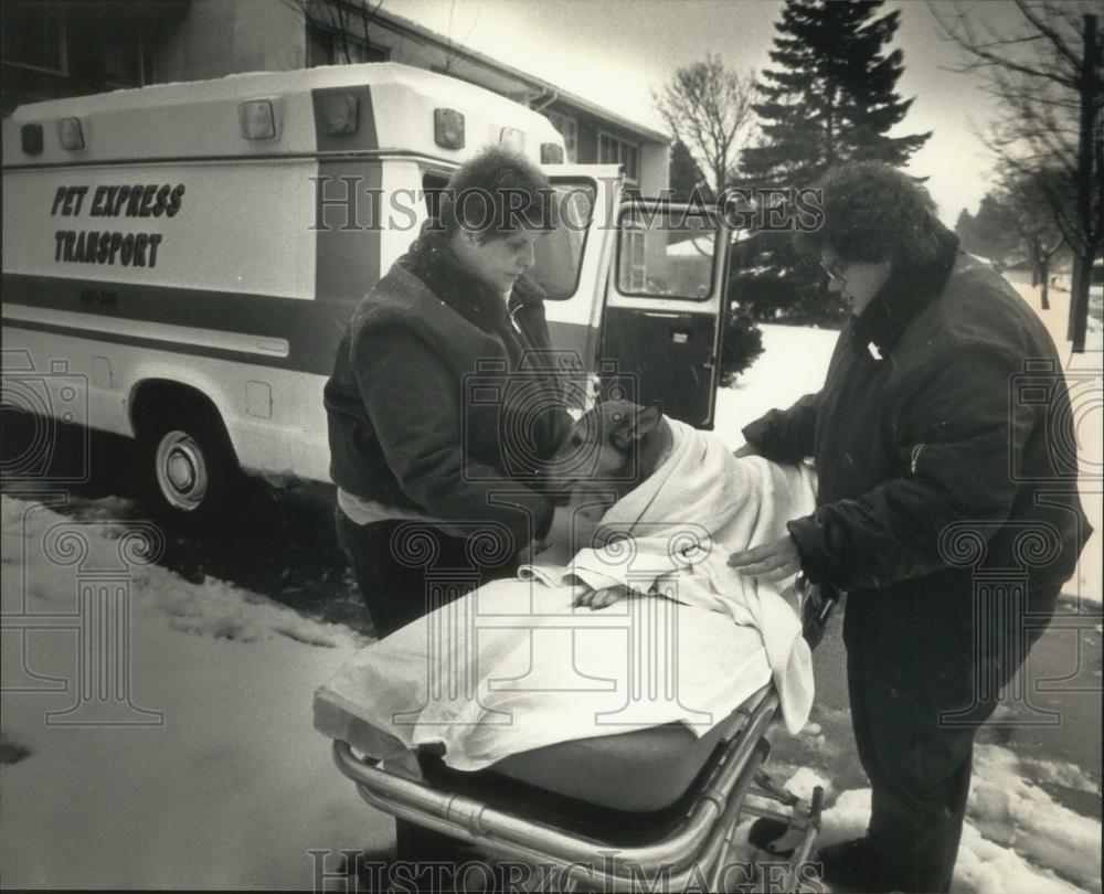 1990 Press Photo Jean &amp; Nancy Shroff transport a dog in Milwaukee Pet Express - Historic Images