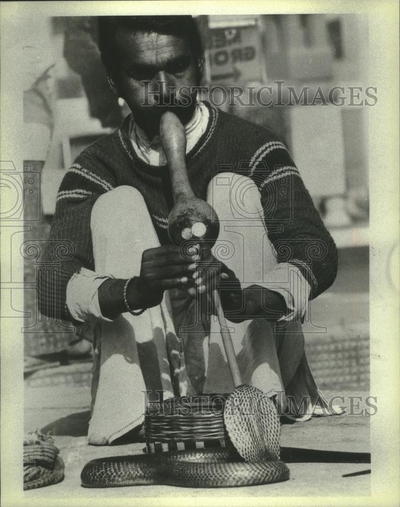 1978 Press Photo An Indian snake charmer with his cobra work for pennies. - Historic Images