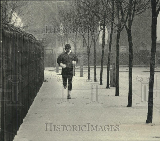 1990 Press Photo Jogger Near Summerfest Grounds During Light Snowfall - Historic Images