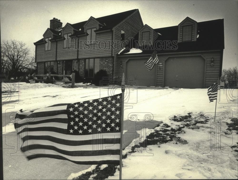 1991 Press Photo Patriotism adds color to normally drab winter yard in Cedarburg - Historic Images