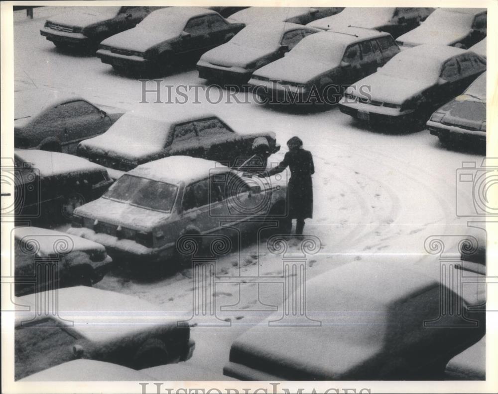 1988 Press Photo CHICAGO SNOW WOMAN CLEARS SNOW CAR R - RSA38833 - Historic Images