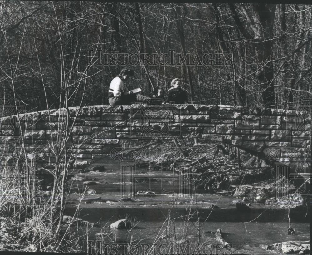 1973 Press Photo Mother Children Reading Bridge Spring - RSA39399 - Historic Images