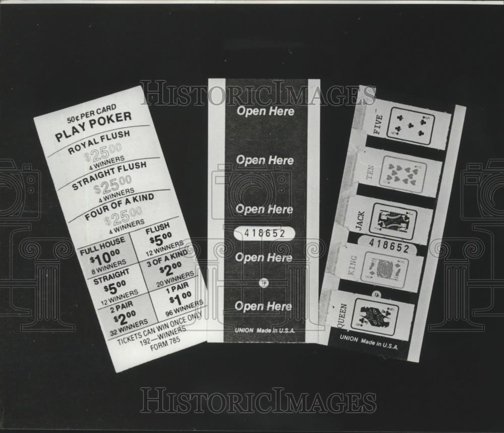 1982 Press Photo &quot;Play Poker&quot; Gambling Cards From Local Bingo Game, Alabama - Historic Images