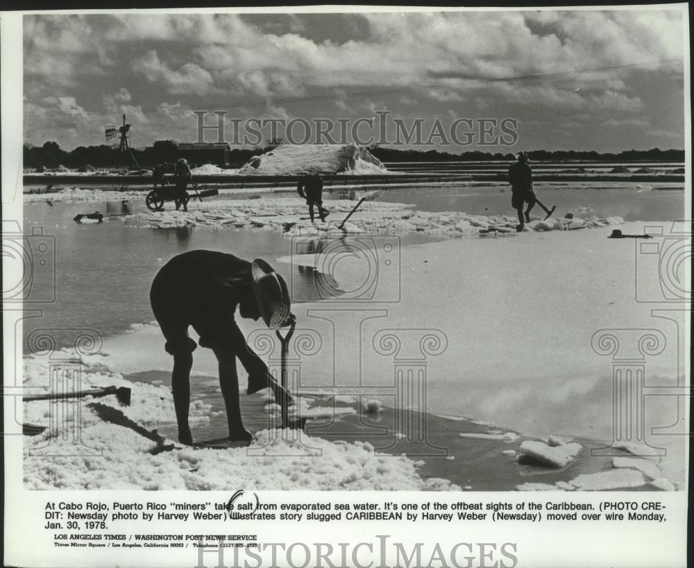 1978 Press Photo Puerto Rico miners take salt from evaporated sea water - Historic Images