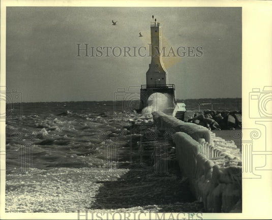 1987 Press Photo Sea gulls fly above choppy waters, Port Washington, Wisconsin - Historic Images