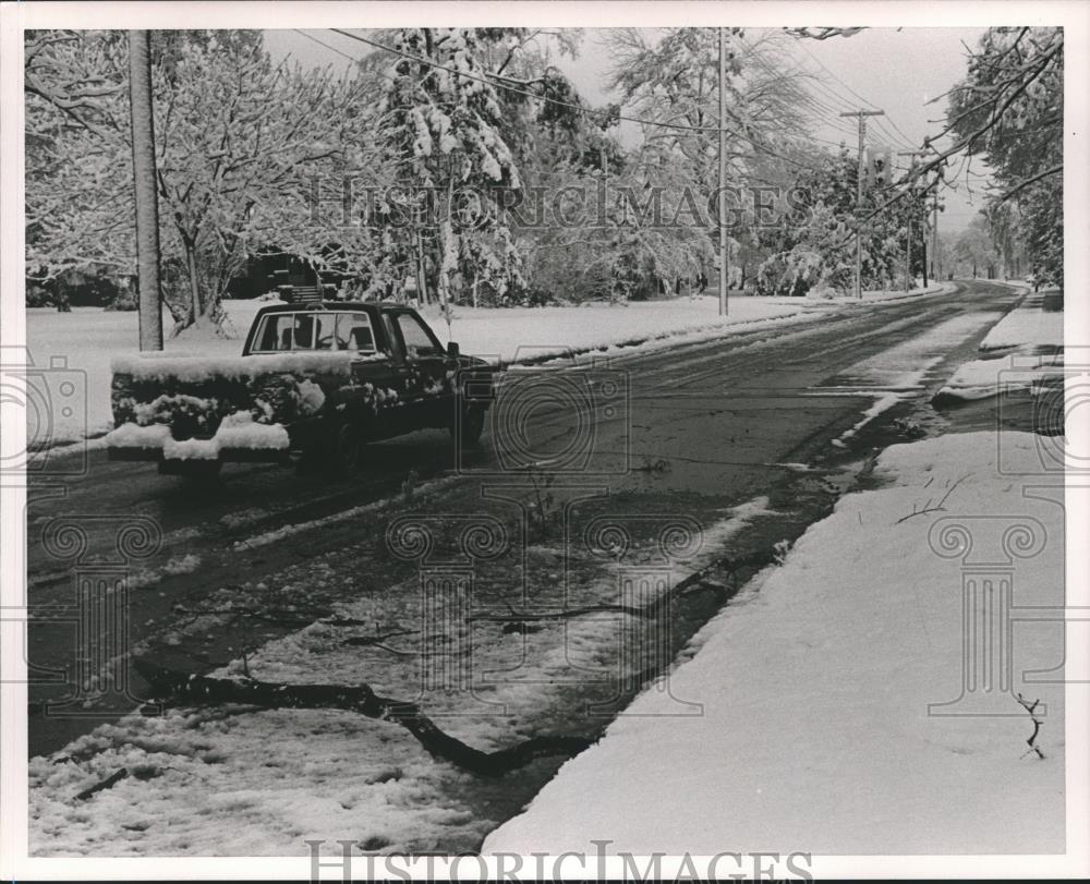 1987 Press Photo Truck drives around downed tree limbs in Tarrant, Alabama - Historic Images