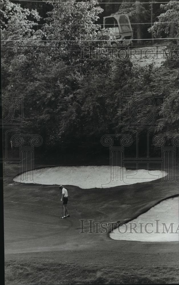 1981 Press Photo Golfer lines up a putt while bulldozer lurks in background - Historic Images