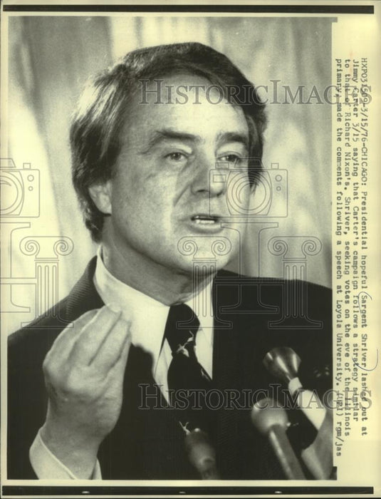 1976 Press Photo Presidential hopeful Sargent Shriver at Loyola University - Historic Images