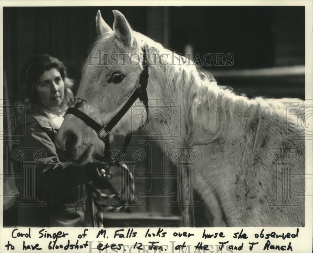 1989 Press Photo Carol Singer of Menomonee Falls Wisconsin checks rescued horse. - Historic Images