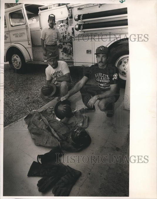 1988 Press Photo White Chapel Fire Department display their gear, Alabama - Historic Images