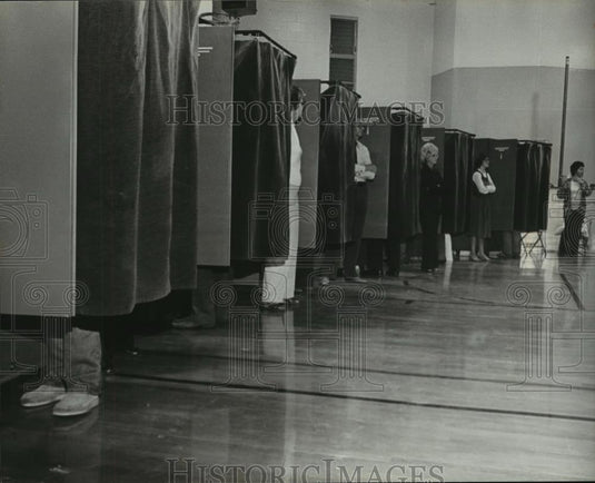 1981 Press Photo Workers standing watch at polling booths - abna23486 - Historic Images