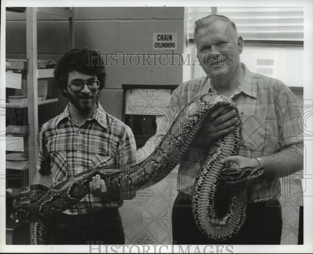 1984 Press Photo Mike Gross and Doctor Carl Clark with 13-foot python, Auburn - Historic Images