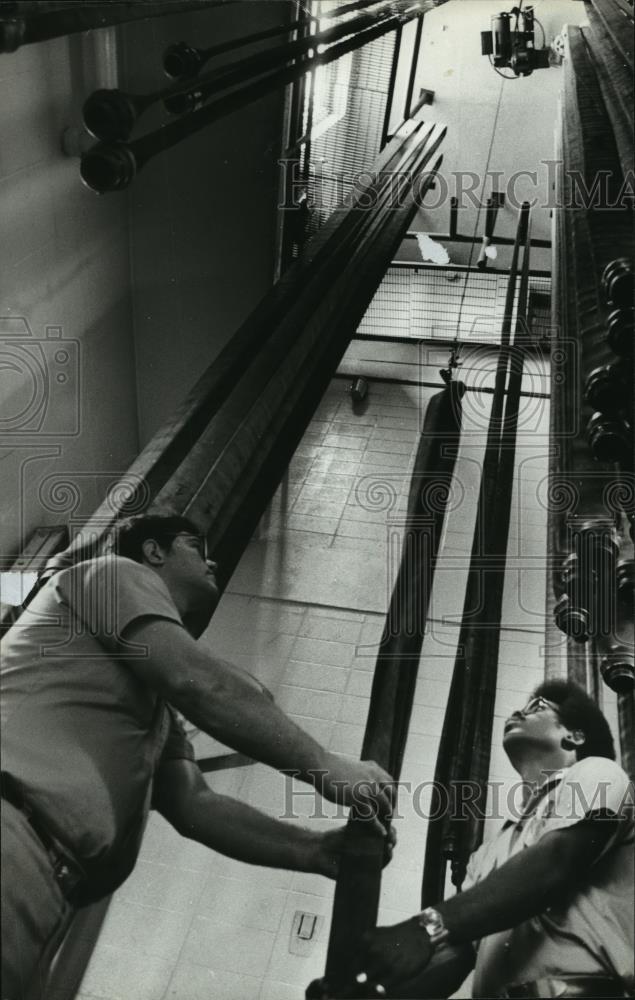 1978 Press Photo Birmingham, Alabama Firemen Hang Firehoses to Dry - abna24319 - Historic Images