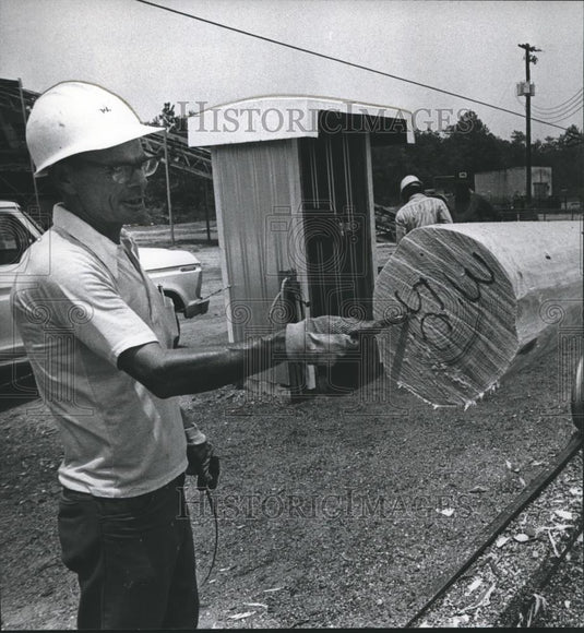 1978 Press Photo Worker at Koppers tagging logs, Elmore County, Alabama - Historic Images