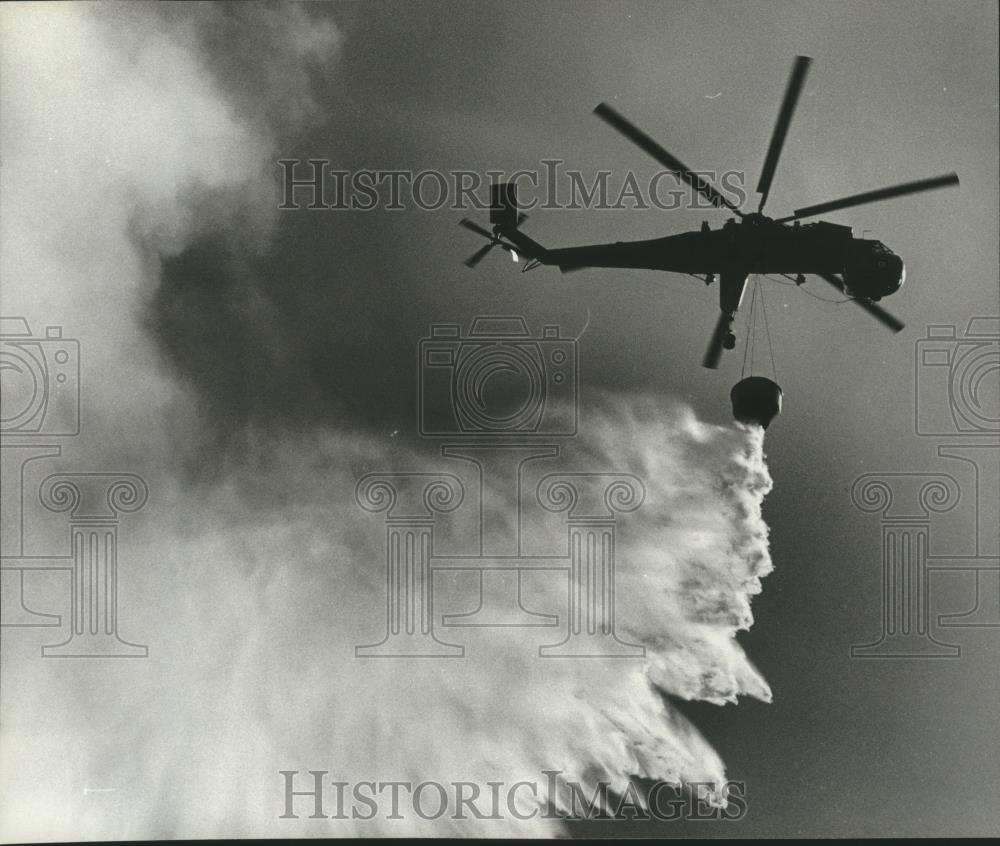 1982 Press Photo Helicopter dumps 2,000 gallons of water on Coldwater Mountain - Historic Images