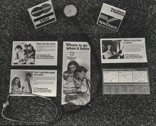 1983 Press Photo Alabama Emergency Clinic pamphlets & stethoscope - abna28616 - Historic Images