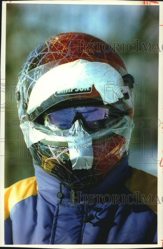 1994 Press Photo Bret Sanders Snowmobiling on Big Muskego Lake in Wisconsin - Historic Images