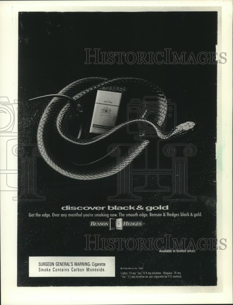 1993 Press Photo Benson & Hedges cigarette ad with snake - mjc00744 - Historic Images