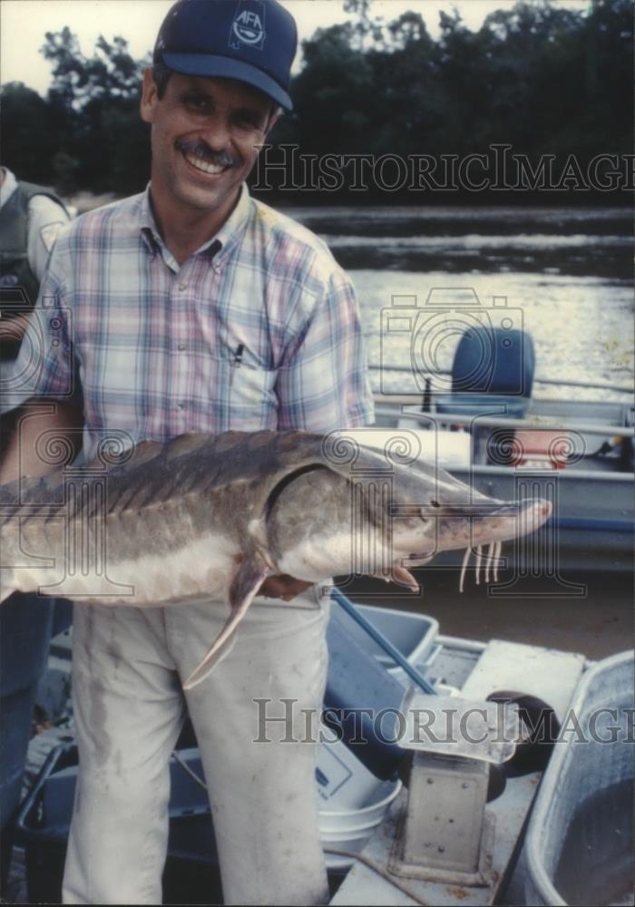 1991 Press Photo Scott Mettee, Alabama biologist, holds 44 pound Gulf sturgeon - Historic Images