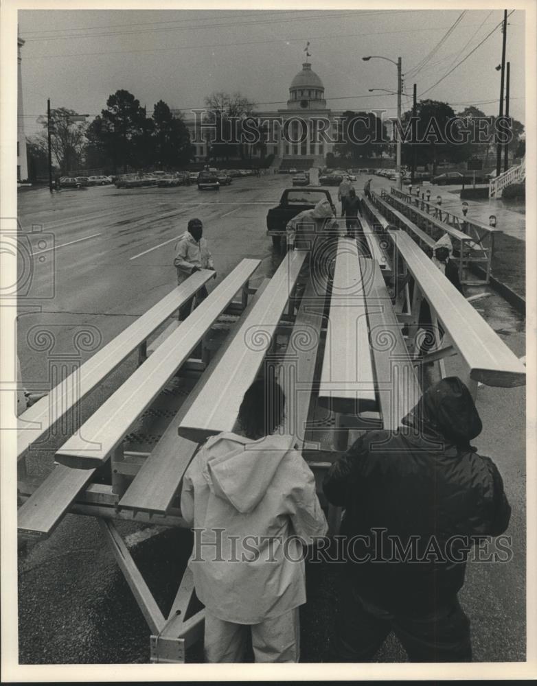 Press Photo Workers erect bleachers near Capitol building in Montgomery - Historic Images