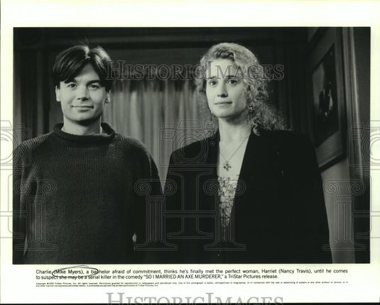 1993 Press Photo Mike Myers and Nancy Travis in "So I Married An Axe Murderer" - Historic Images