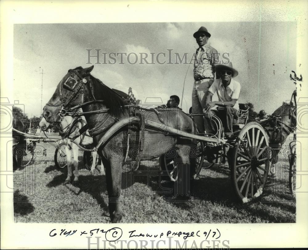 1982 Press Photo Delivery men with horse drawn wagons wait to join Fiesta parade - Historic Images