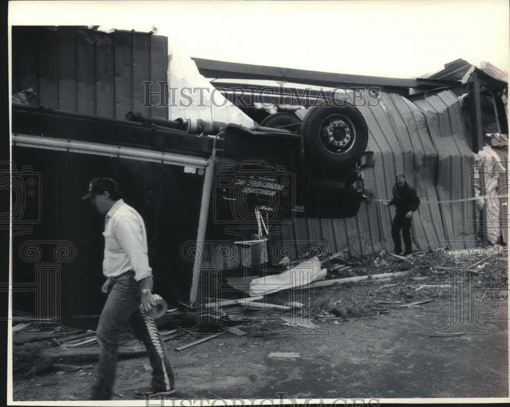 1992 Press Photo Overturned truck in Wautoma after tornado - mjc10116 - Historic Images