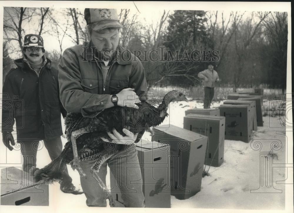 1989 Press Photo Erik Borchert carrying a turkey, Dousman Wisconsin - mjc10321 - Historic Images