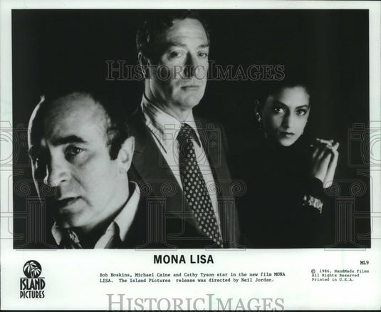 1986 Press Photo Bob Hoskins, Michael Caine, Cathy Tyson, stars in Mona Lisa - Historic Images