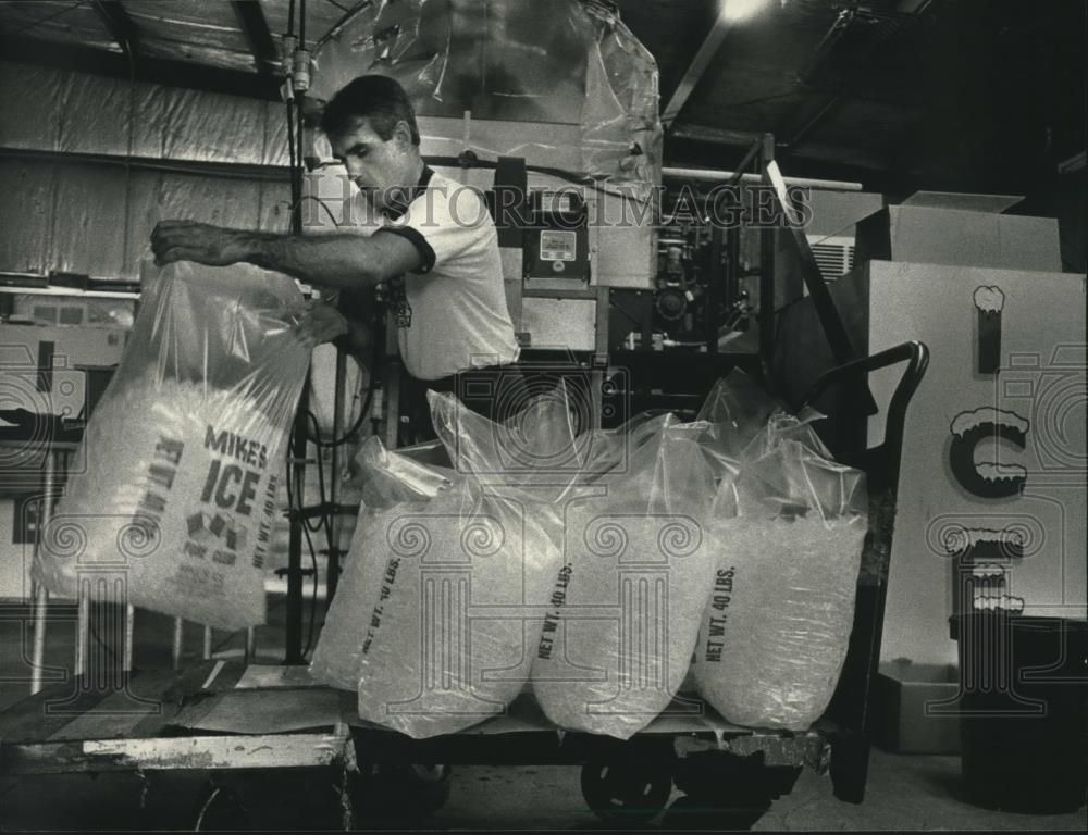 1988 Press Photo Mike Gingrass packed bags of ice in his Brookfield plant - Historic Images