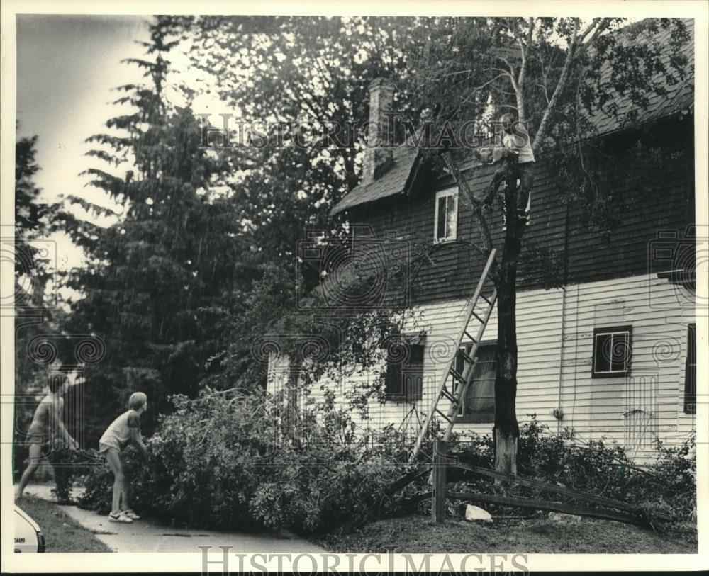 1984 Press Photo Robert Shockley cuts tree from his home in Waukesha, Wisconsin - Historic Images