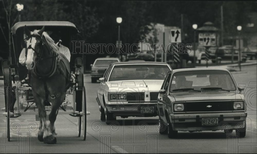 1988 Press Photo Horse and carriage moves with traffic, Thiensville, Wisconsin - Historic Images