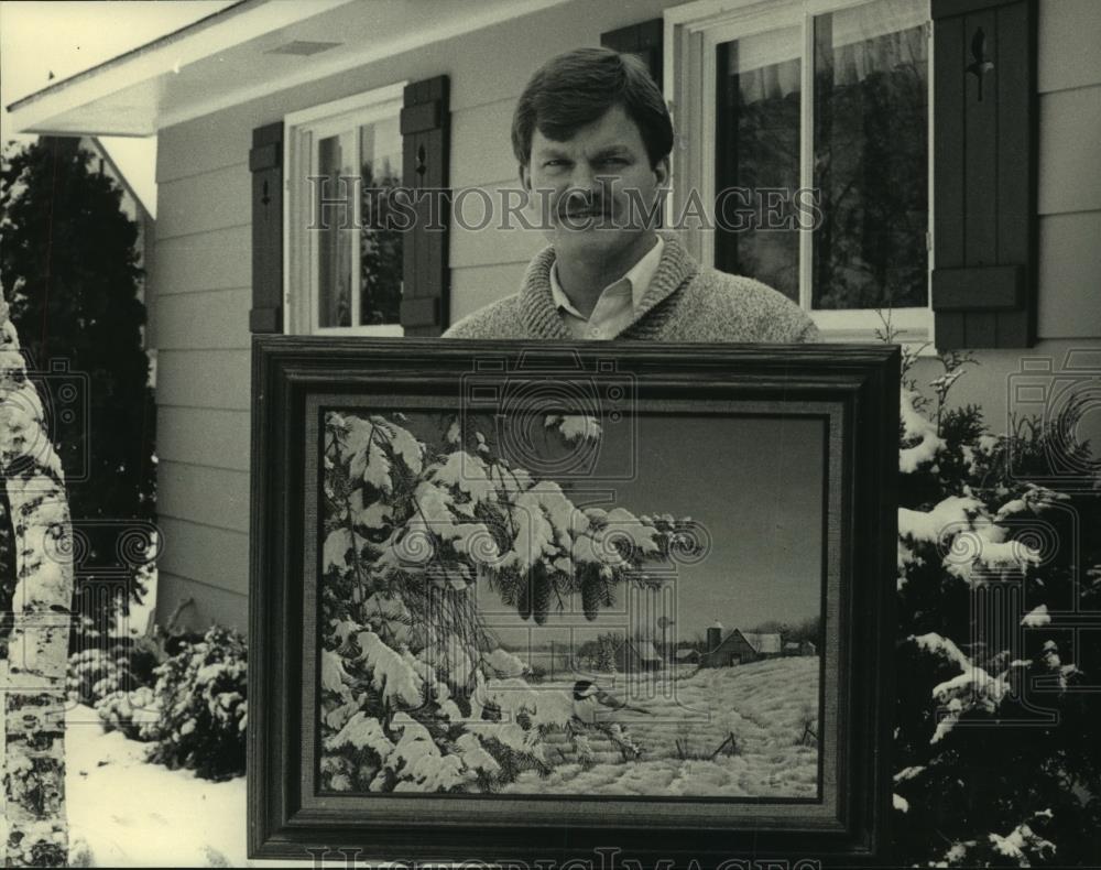 1987 Press Photo Samuel Timm, Wisconsin artist, poses with one of his paintings - Historic Images