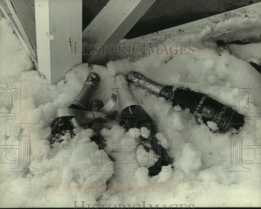 1981 Press Photo Three bottle of Champagne in snow, Timms' house, Milwaukee - Historic Images