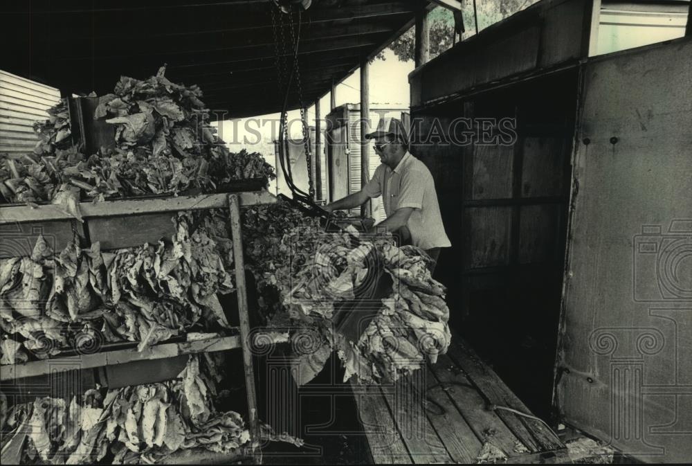 1986 Press Photo Wilbur Wilkinson used hoist on heavy rack of tobacco - Historic Images