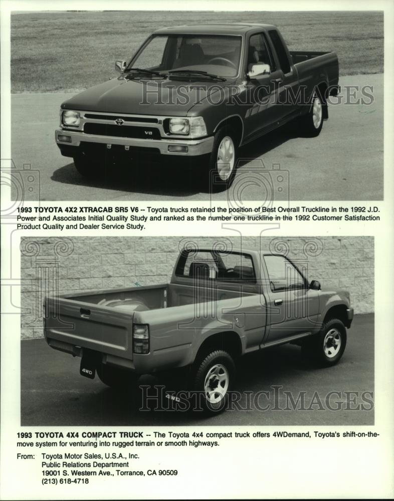 1993 Press Photo 1993 model Toyota trucks 4x2 Xtracab SR5 and 4x4 compact - Historic Images