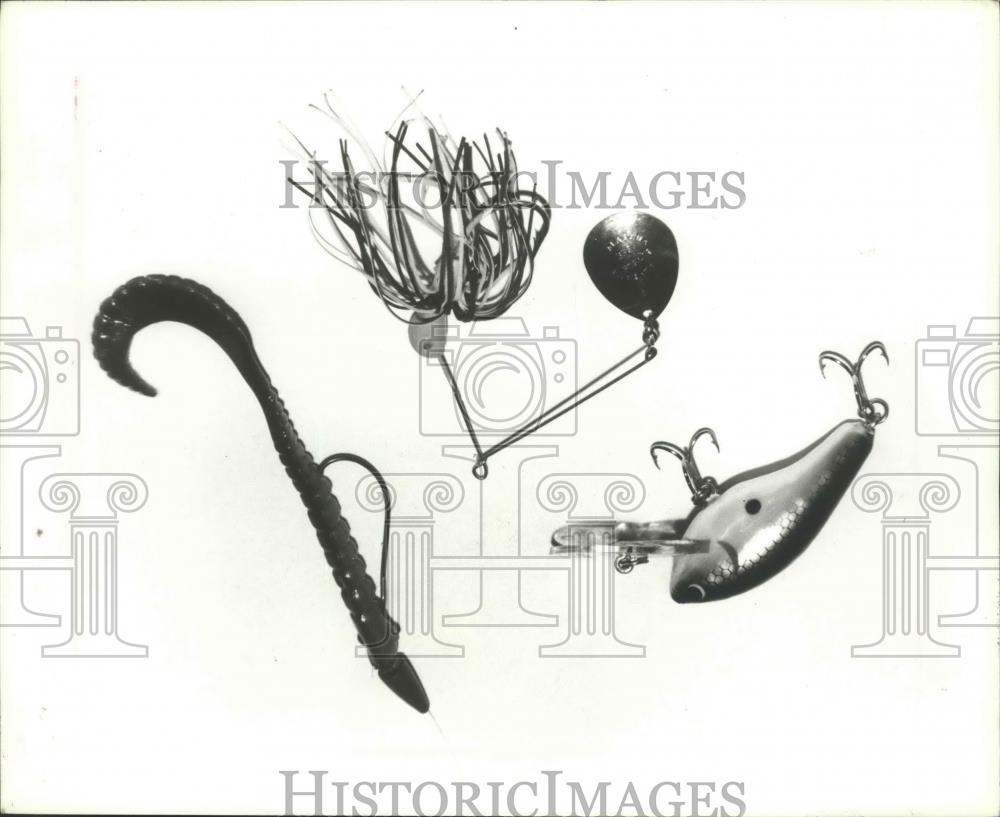 1986 Press Photo Best Alabama Bass Fishing Lures: Crank And Spinner Baits, Worms - Historic Images
